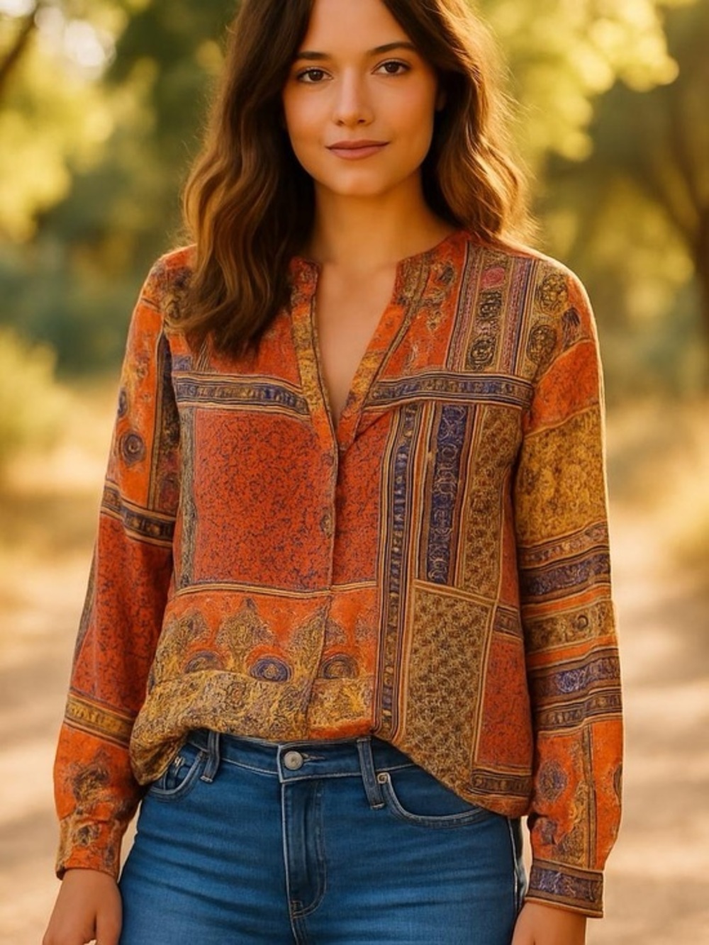 Liz Claiborne Womens Patchwork Paisley Print‎ Blouse Orange Multi Long Sleeve M